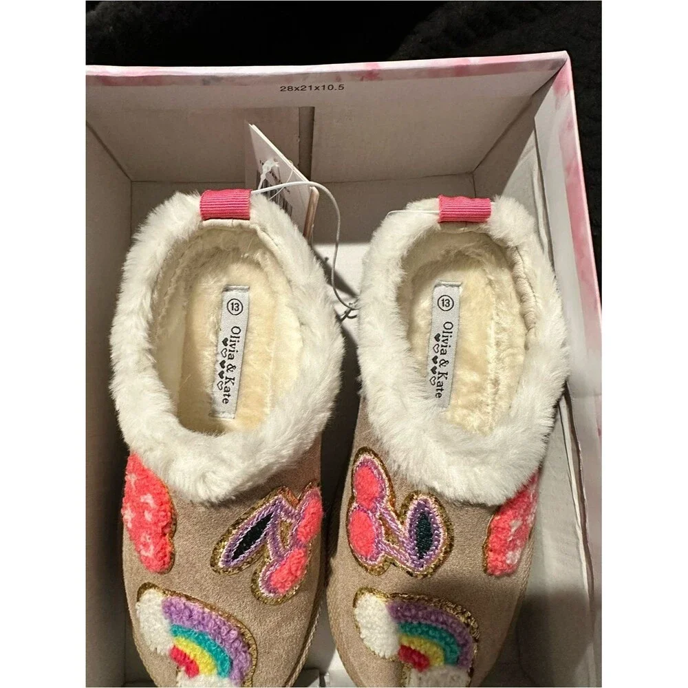 Olivia and Kate Cozy beige Faux-Fur Lined Slippers girls size 13M